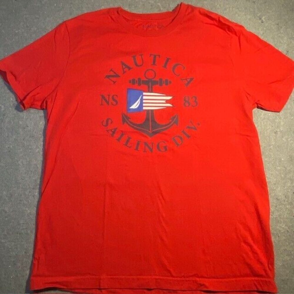 NAUTICA mens Shirt LARGE Red Sailing‎ Division LOGO Short Sleeve Crew Neck